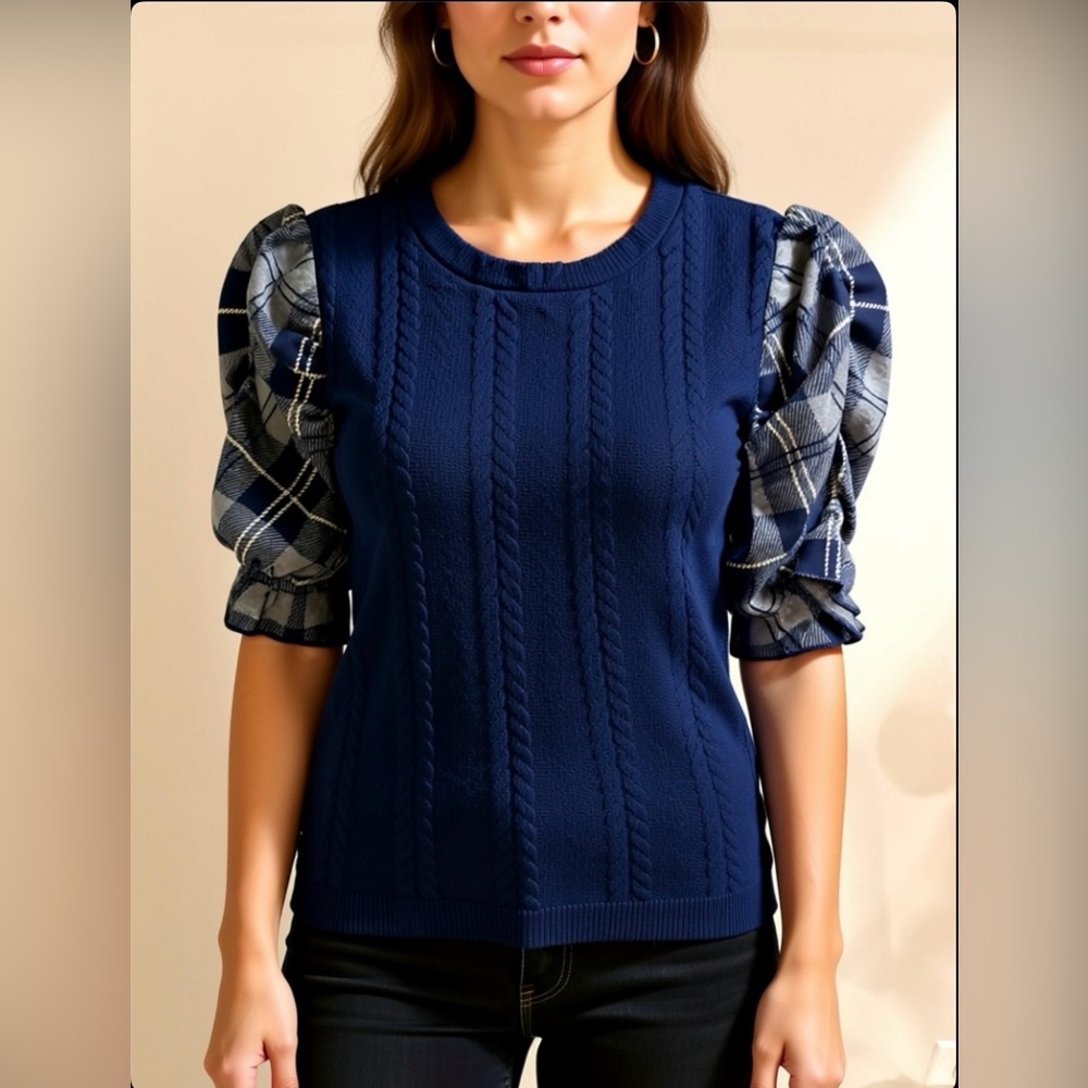 Navy Blue Women’s Blouse with Plaid Sleeves